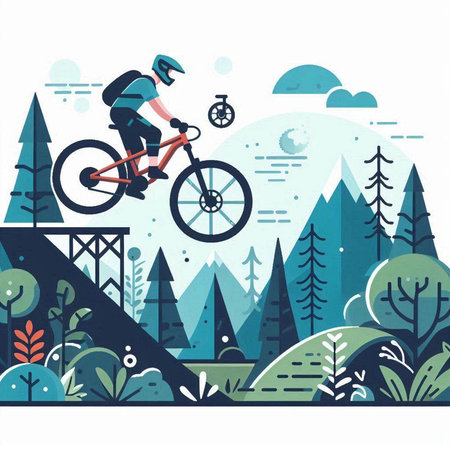 Bicyclist in the forest. Flat design vector illustration.のイラスト素材