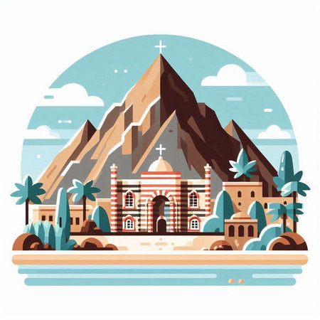 Vector illustration of the church in the middle of the mountains and palm treesのイラスト素材