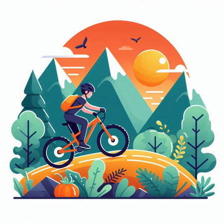 Cyclist riding on the road in the forest. Flat vector illustration.のイラスト素材