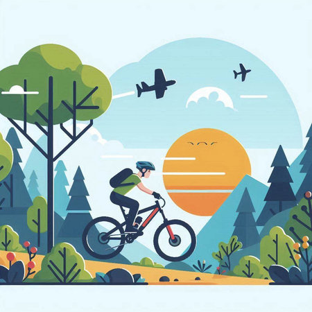 Vector illustration of a cyclist riding a bicycle in the forest. Flat style design.のイラスト素材
