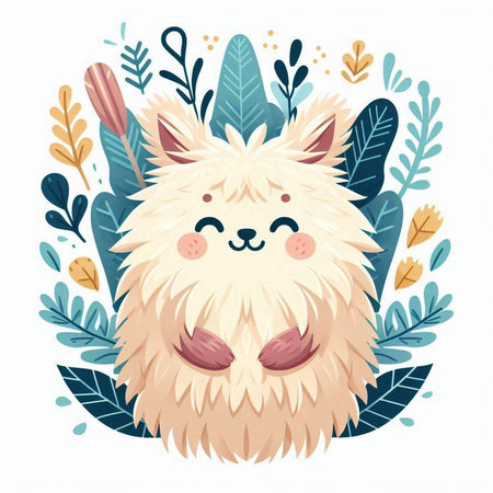 Cute alpaca with flowers and leaves. Vector illustration.のイラスト素材
