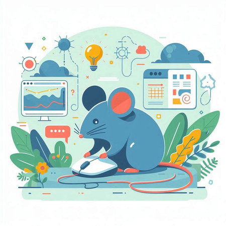 Vector illustration of a mouse working on a computer. Flat style.のイラスト素材