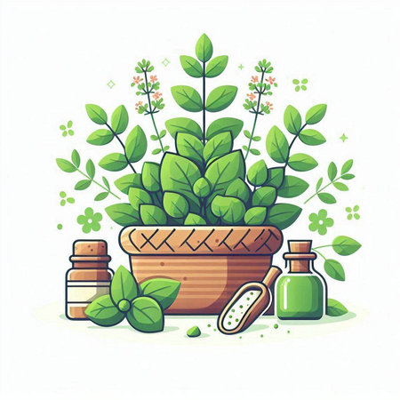 Illustration of herbs in a flowerpot with mortar and pestleのイラスト素材