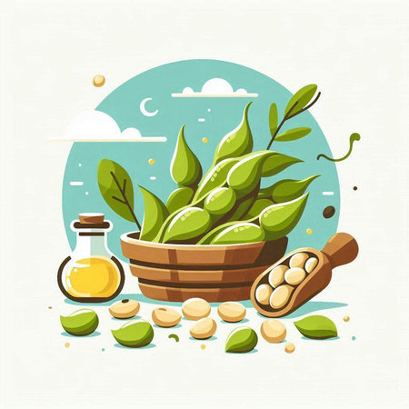 Bowl of soybeans and soy oil vector illustration, flat style.のイラスト素材