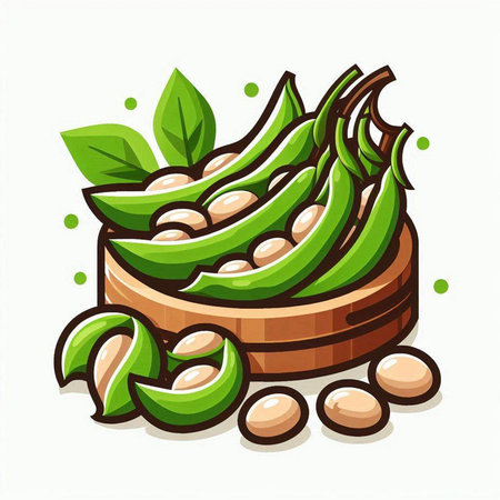 Soybean pods in wooden bowl. Vector illustration isolated on white background.のイラスト素材