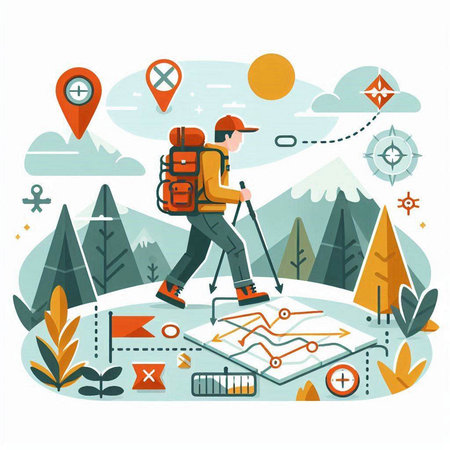 Hiking concept. Vector illustration in flat design style. Tourist with backpack and map on nature background.のイラスト素材