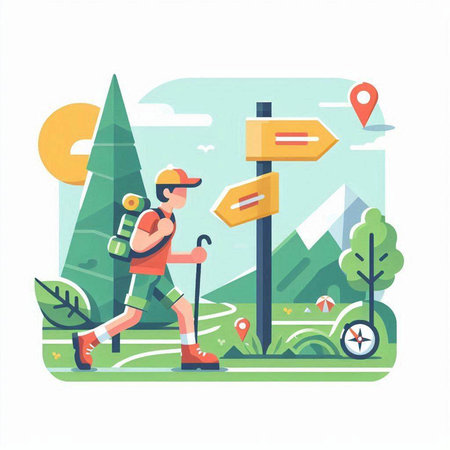 Hiking man with backpack and compass on the road. Vector illustrationのイラスト素材