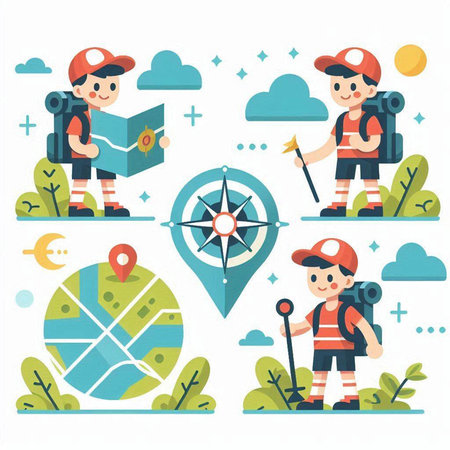 Set of icons on the theme of travel and camping. Vector illustrationのイラスト素材