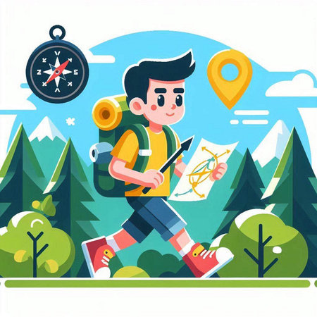 Boy with backpack and map. Vector illustration in flat cartoon style.のイラスト素材