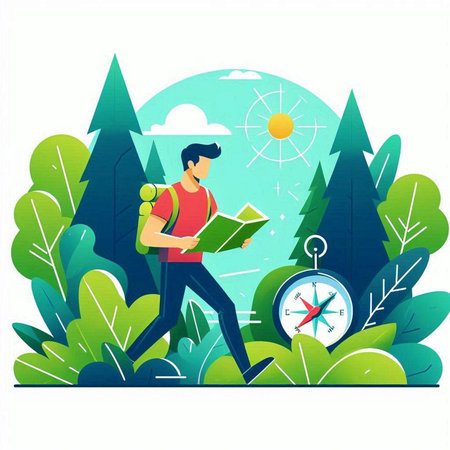 Man with backpack and map in the forest. Flat vector illustration.のイラスト素材