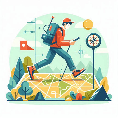 Tourist man with backpack walking on the map. Vector illustration.のイラスト素材