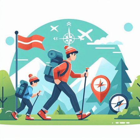 Hiking man with backpack and compass in the mountains. Vector illustrationのイラスト素材