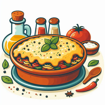 Illustration of a bowl of lasagna with cheese, tomato and basilのイラスト素材