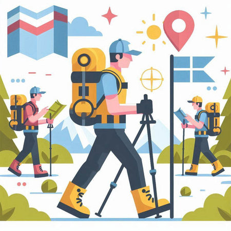 Hiking people vector illustration. Hikers with backpack and map.のイラスト素材