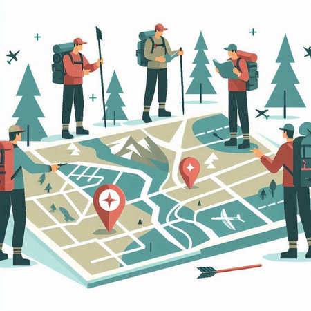 Hikers on the map. Vector illustration in flat cartoon style.のイラスト素材