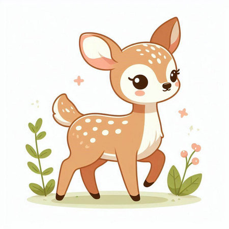 Cute cartoon fawn on white background. Vector illustration of a cute deer.のイラスト素材