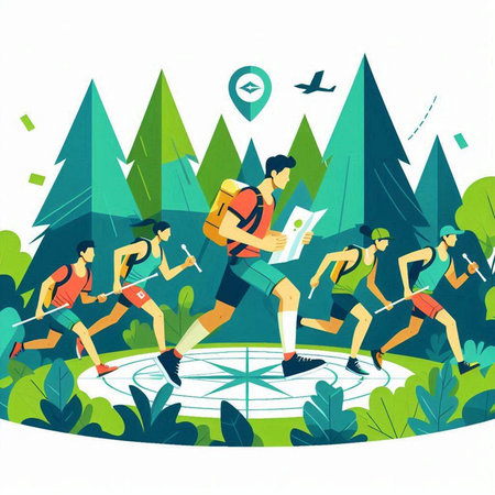 Vector illustration of a group of people running in the park. Active lifestyle.のイラスト素材