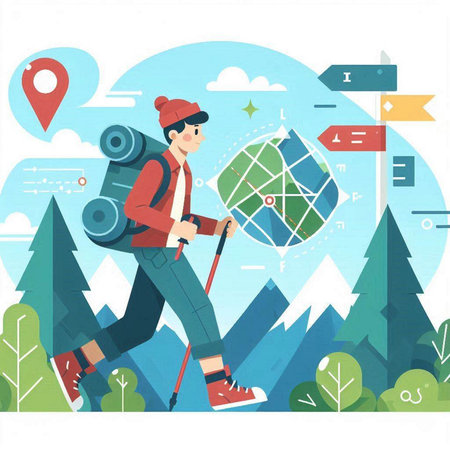 Vector illustration of a man in a hat and a backpack with a map.のイラスト素材