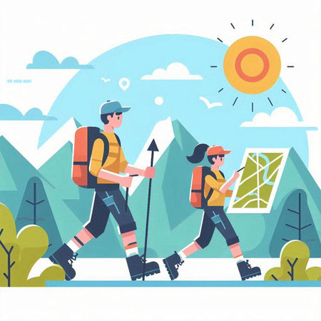 Hiking couple vector illustration. Cartoon man and woman traveling together.のイラスト素材
