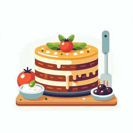 Honey cake with berries on a wooden board. Vector illustration.のイラスト素材