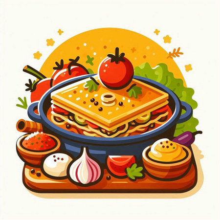 Illustration of lasagna with tomato, cheese and mushrooms in a panのイラスト素材