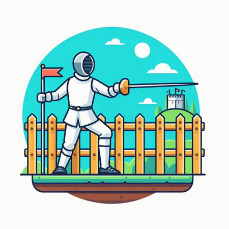 Astronaut with a sword in the garden. Vector illustration.のイラスト素材