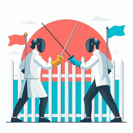 Fencing sport vector illustration. Male and female fencing players in masks with fencing equipment standing near fence in sunny day.のイラスト素材