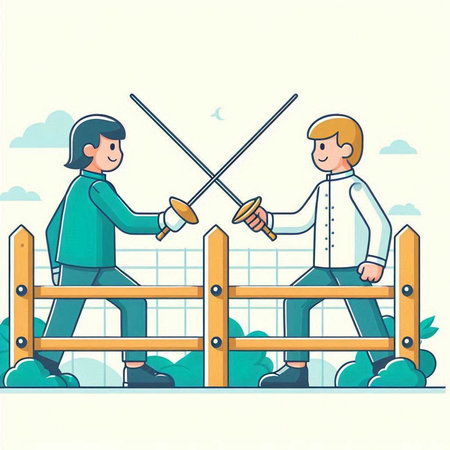 Fencing. Young man and woman in fencing costume. Cartoon vector illustration.のイラスト素材