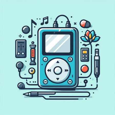 Music player with headphones on a turquoise background. Vector illustration.のイラスト素材