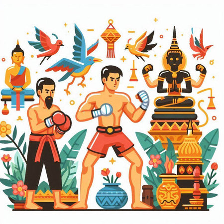 Flat design vector illustration concept of Thai culture and travel. Traditional culture of Thailand.のイラスト素材