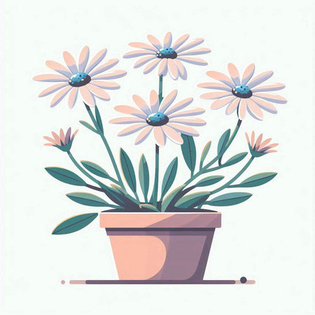 Flowerpot with daisies. Vector illustration in flat styleのイラスト素材