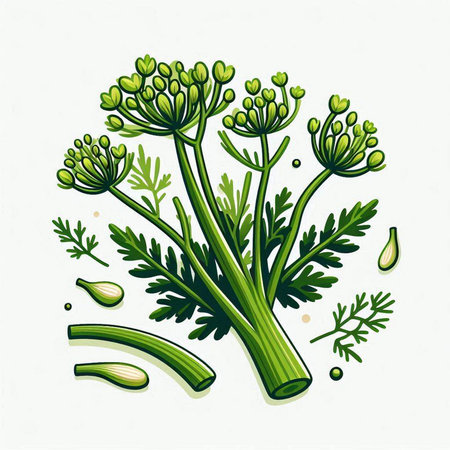 Illustration of fresh dill with leaves and garlic on white backgroundのイラスト素材
