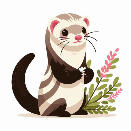 Cute ferret with flower. Vector illustration in cartoon style.のイラスト素材