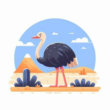 Ostrich flat vector illustration. Cartoon ostrich on the background of the desert.のイラスト素材