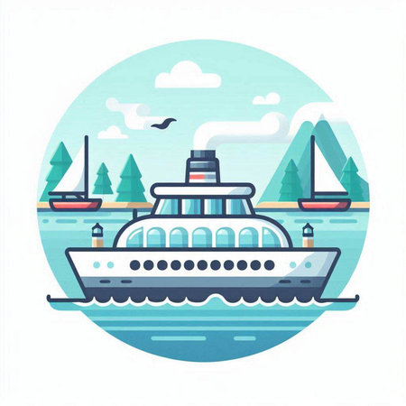 Cruise ship on the sea. Vector illustration in flat style.のイラスト素材
