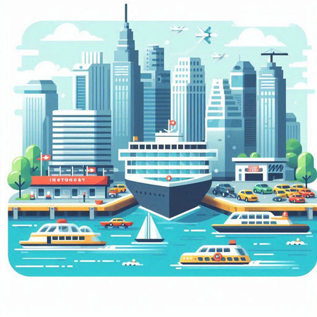 Cruise ship on the background of the city. Vector illustration.のイラスト素材