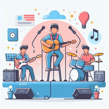 Music band. Musical instruments. Vector illustration in flat cartoon style.のイラスト素材