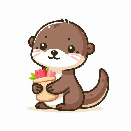 Cute little otter holding a flower in her hand. Vector illustration.のイラスト素材