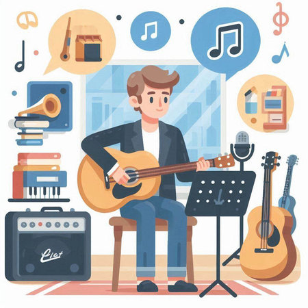 Musician playing guitar. Flat style vector illustration. Musician playing guitar and singing.のイラスト素材