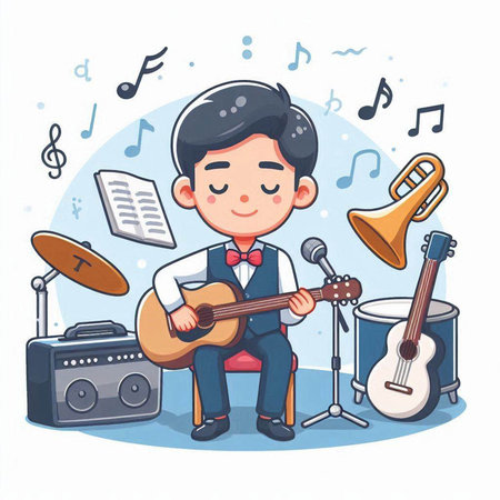 Musician with guitar and musical instruments. Vector illustration in cartoon styleのイラスト素材