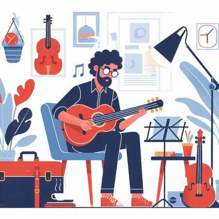 Musician playing guitar in the living room. Flat vector illustration.のイラスト素材