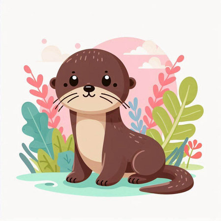 Cute otter on the background of flowers. Vector illustration.のイラスト素材