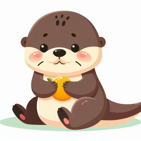 Cute little otter with an orange on a white background.のイラスト素材