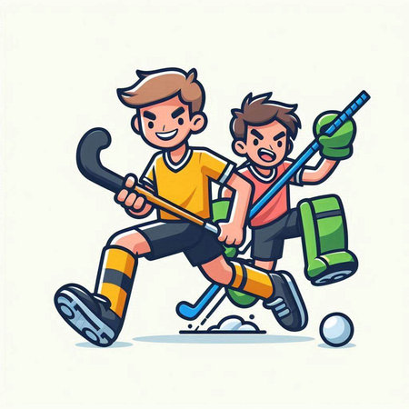 Two boys playing hockey. Cartoon vector illustration isolated on white background.のイラスト素材