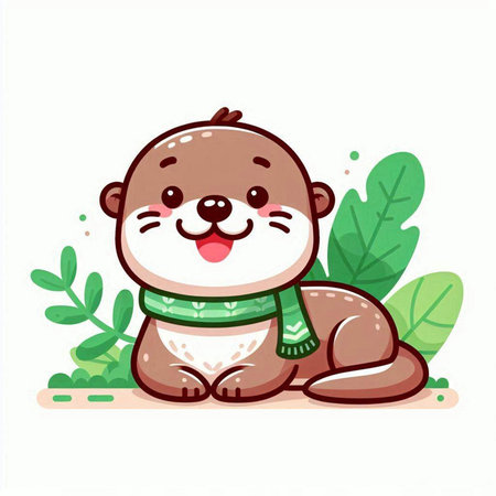 Cute cartoon otter sitting on the ground. Vector illustration.のイラスト素材