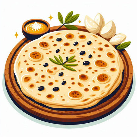 Illustration of a round thin pancake with olives and honeyのイラスト素材