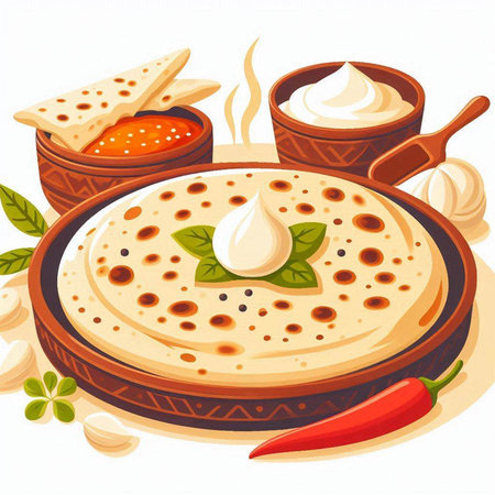Pancakes with sour cream, herbs and spices. Vector illustration.のイラスト素材