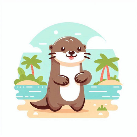 Cute otter on the beach. Vector illustration in cartoon styleのイラスト素材