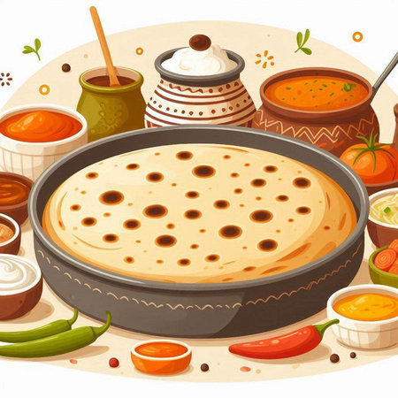 Illustration of a set of traditional Indian dishes on a white backgroundのイラスト素材