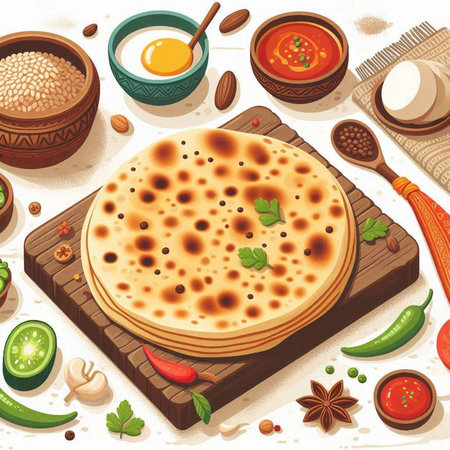 Pita bread with ingredients for cooking on wooden board. Vector illustration.のイラスト素材